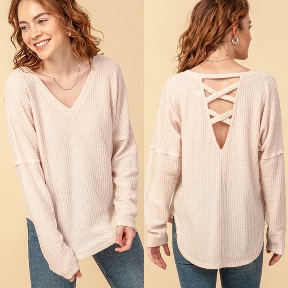 Waffle Knit Cream Drop Shoulder Cross Back Top - Picture 1 of 7